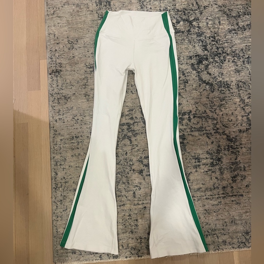 Splits59 White Flare Leggings w/green strips down the sides